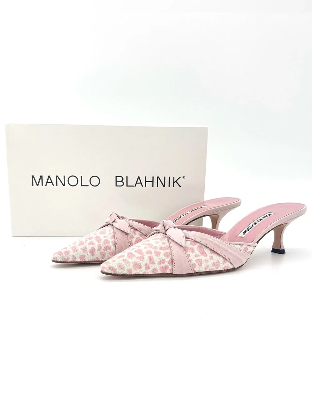 Manolo Blahnik Bow Pink Leopard Print Ponyhair Pointed Toe Kitten Heel Mules 41 - Picture 2 of 11